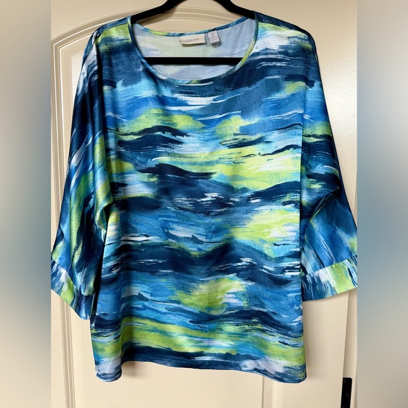Chico’s Sz 2 Blue & Green Geographic Waterprint w/Dolman Sleeve,Coastal Grandma - Picture 2 of 7